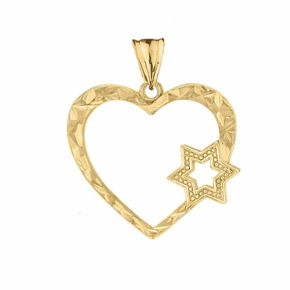 14k Real Yellow Gold Star Of David Heart Pendant